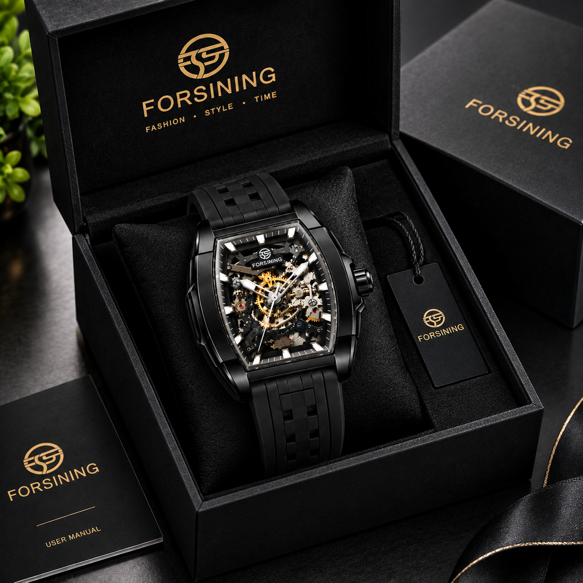 Forsining Men's Automatic Skeleton Watch, Black Silicone Strap