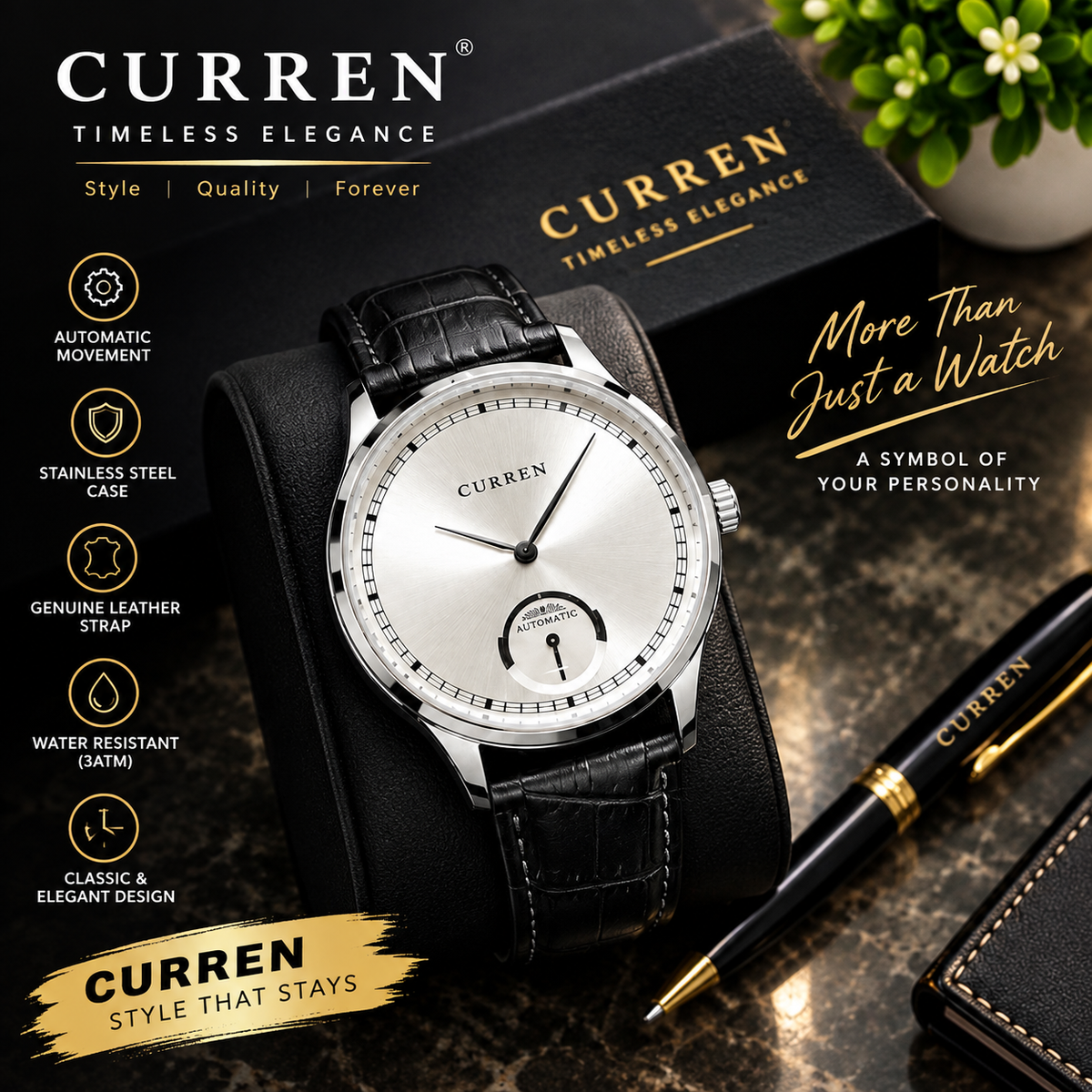 Curren Men's Watch, Silver Dial with Subdial, Black Leather Strap