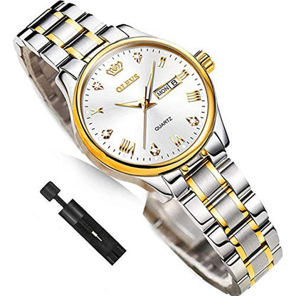 OLEVS Ladies Quartz Watch, White Dial Day Date, Two-Tone Steel