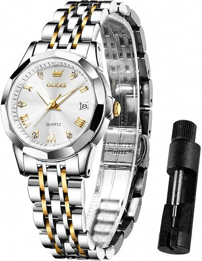 Aurum Ladies Two-Tone Quartz Watch, White Dial with Date