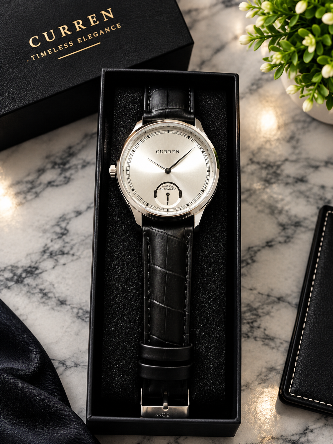Curren Men's Classic Watch, Silver Dial, Black Croc Leather Strap