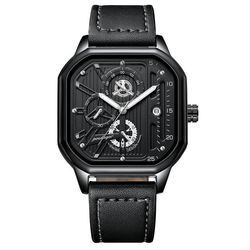 Aurum Men's Square Case Chronograph Style Watch, Black Leather Strap