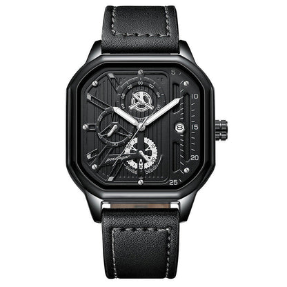 Aurum Men's Square Case Chronograph Style Watch, Black Leather Strap