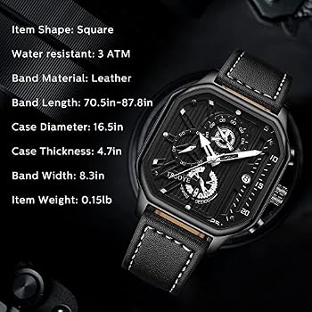 Aurum Men's Square Case Chronograph Style Watch, Black Leather Strap