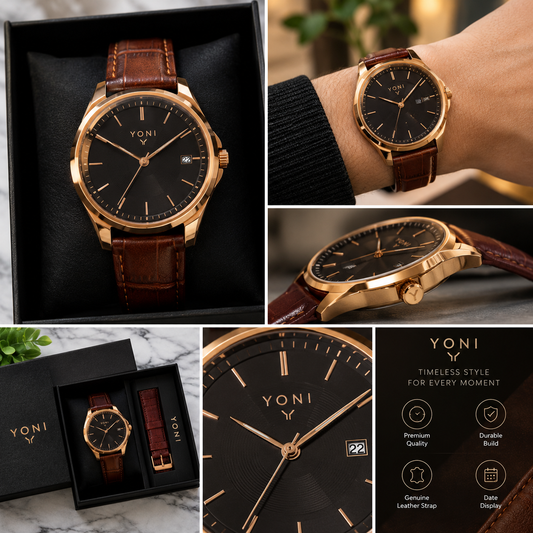 Yoni Men's Watch, Gold Case Black Dial, Brown Leather Strap