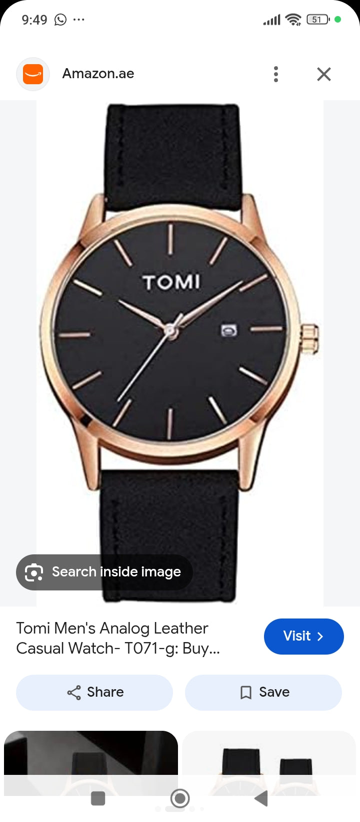 Tomi Men's Analog Leather Watch, Rose Gold Case Black Dial
