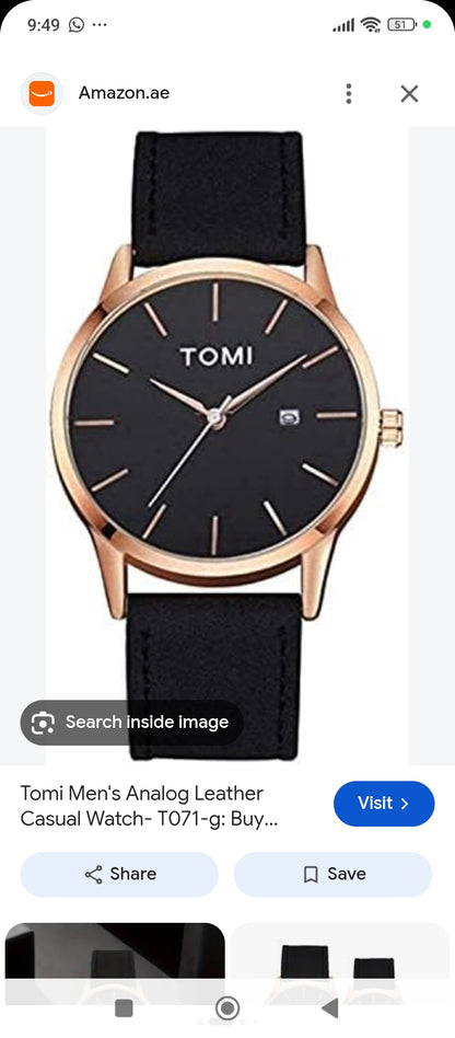 Tomi Men's Analog Leather Watch, Rose Gold Case Black Dial