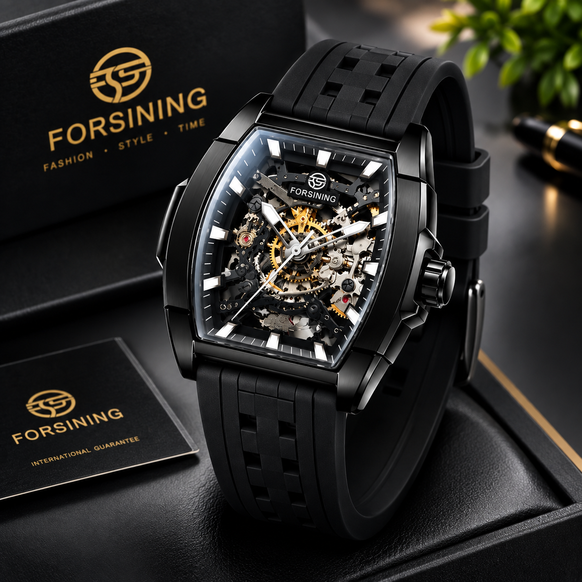 Forsining Men's Automatic Skeleton Watch, Black Silicone Strap