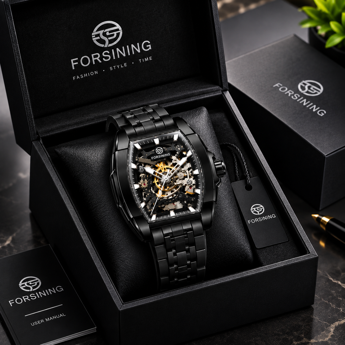 Forsining Men's Automatic Skeleton Watch, Black Silicone Strap
