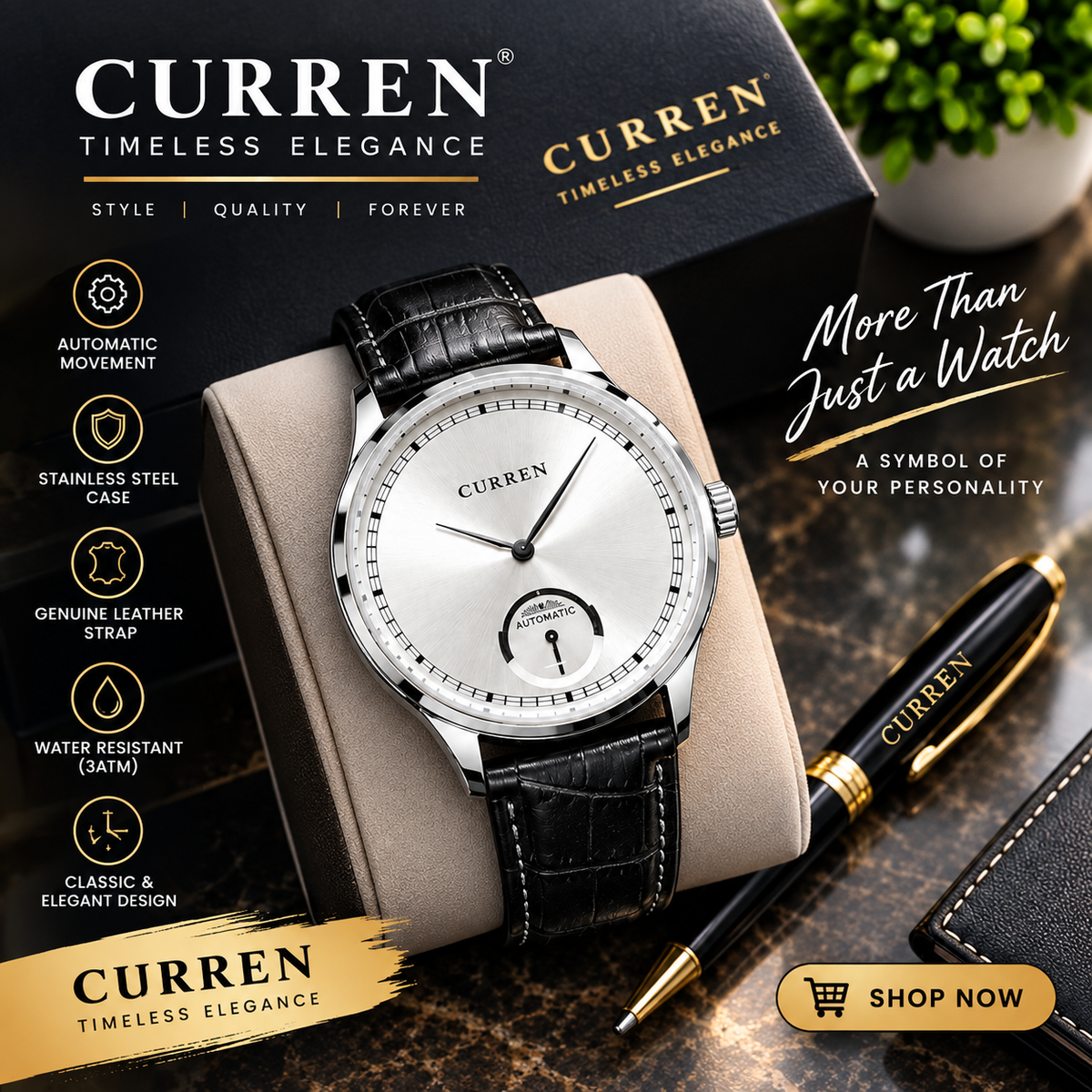 Curren Men's Watch, Silver Dial with Subdial, Black Leather Strap