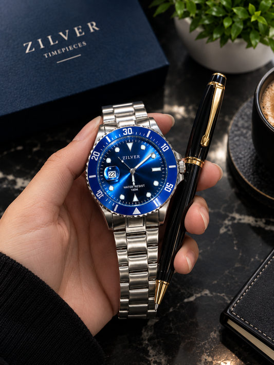 Zilver Men's Watch, Blue Dial and Bezel, Stainless Steel Bracelet