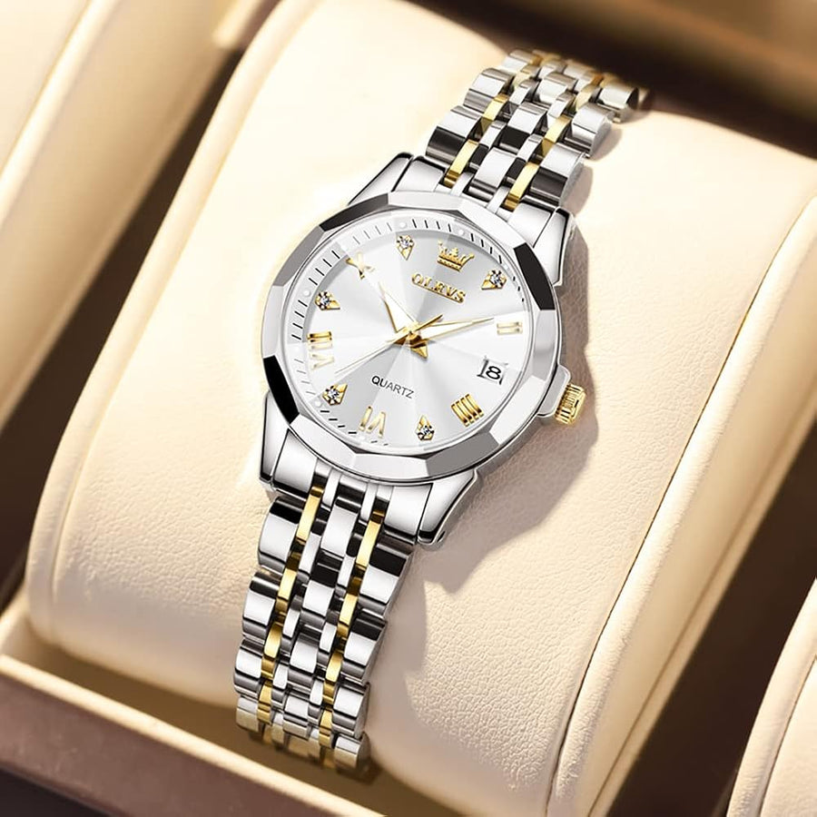 Aurum Ladies Two-Tone Quartz Watch, White Dial with Date
