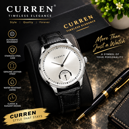 Curren Men's Watch, Silver Dial with Subdial, Black Leather Strap
