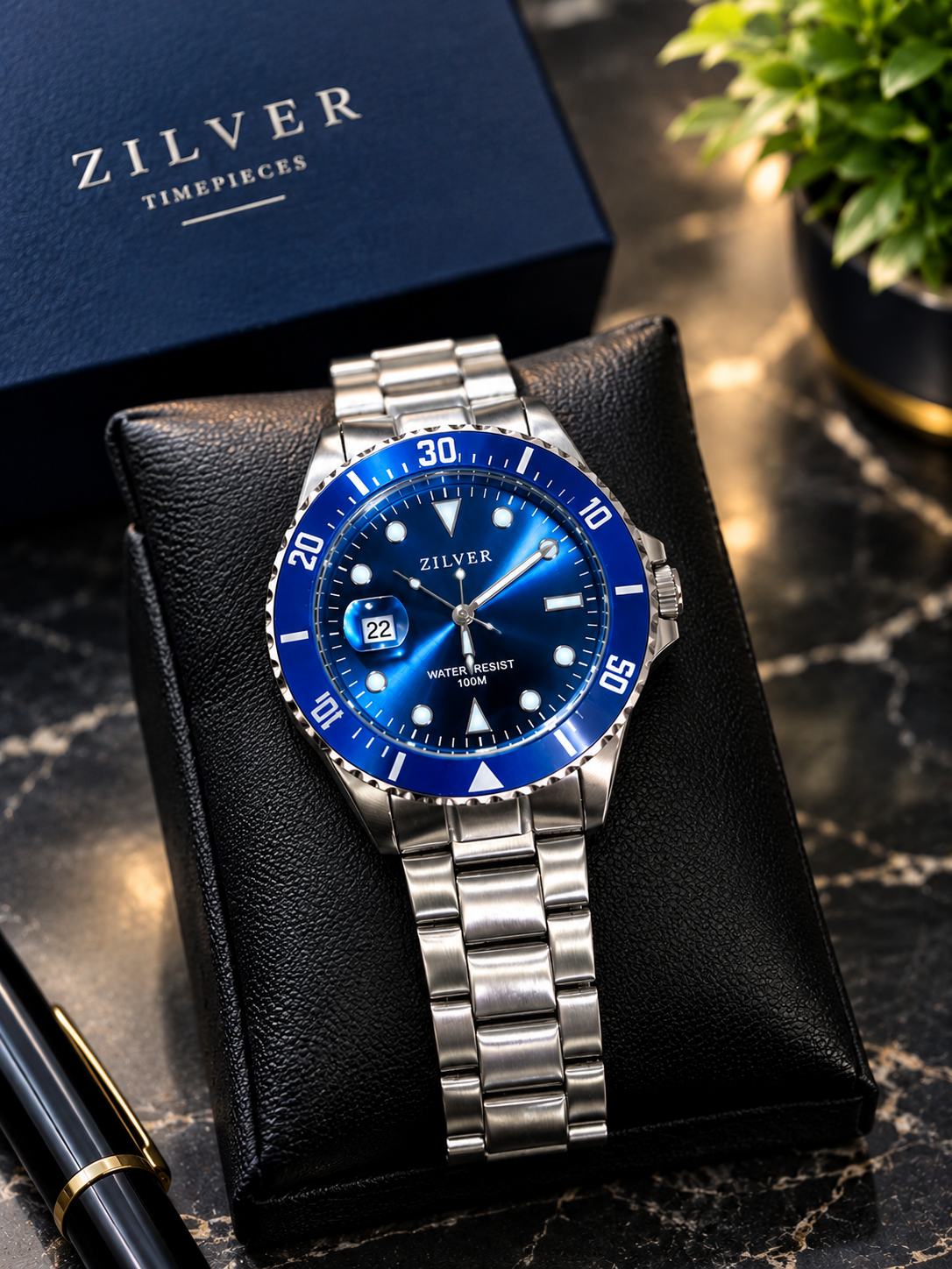 Zilver Men's Watch, Blue Dial and Bezel, Stainless Steel Bracelet