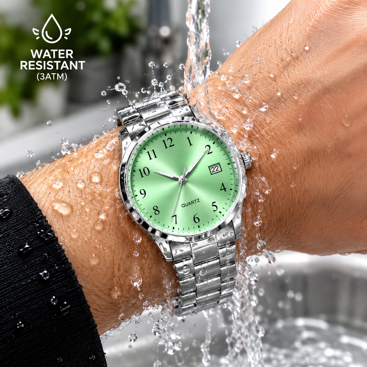 Aurum Mint Green Dial Quartz Watch, Stainless Steel Bracelet with Date