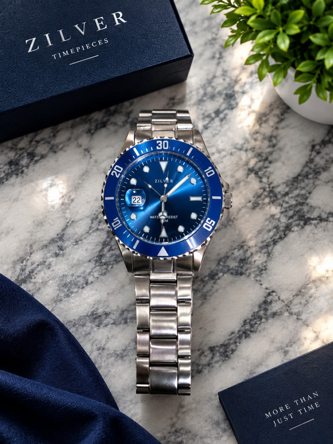 Zilver Men's Watch, Blue Dial and Bezel, Stainless Steel Bracelet