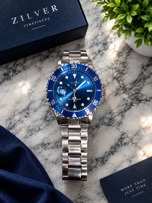 Zilver Men's Watch, Blue Dial and Bezel, Stainless Steel Bracelet