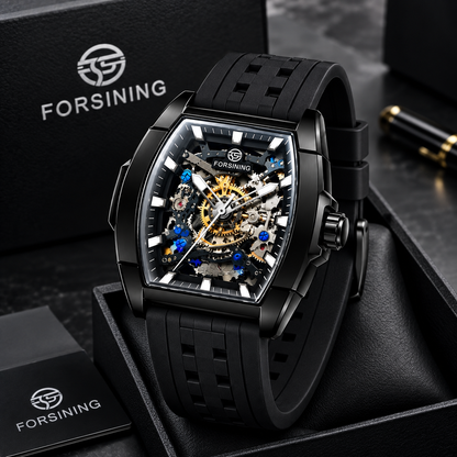 Forsining Men's Automatic Skeleton Watch, Black Silicone Strap