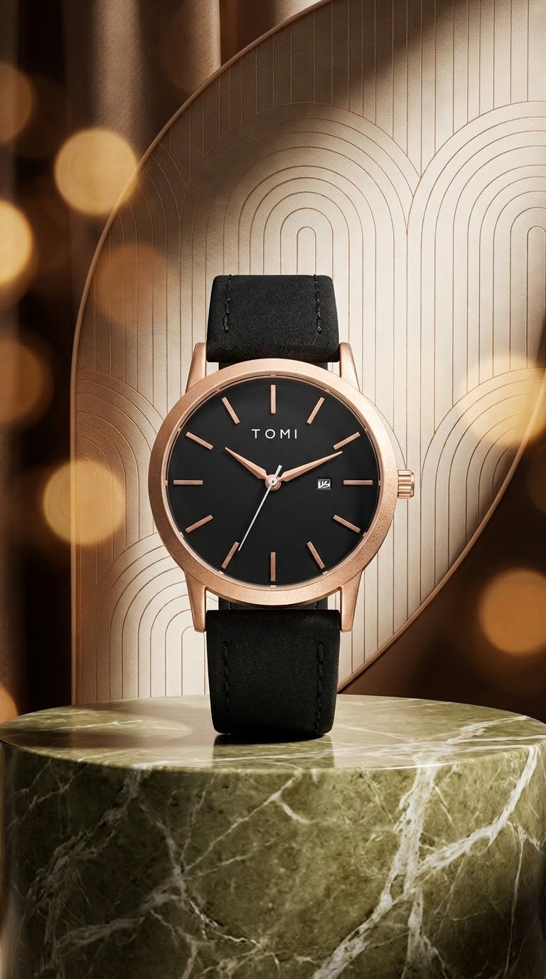 Tomi Men's Analog Leather Watch, Rose Gold Case Black Dial