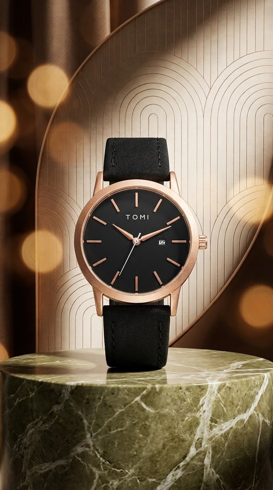 Tomi Men's Analog Leather Watch, Rose Gold Case Black Dial