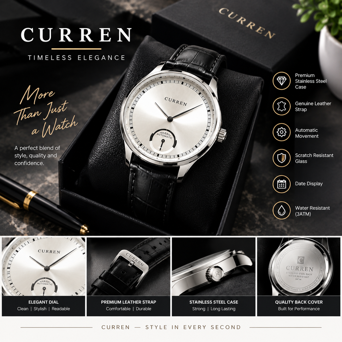 Curren Men's Watch, Silver Dial with Subdial, Black Leather Strap