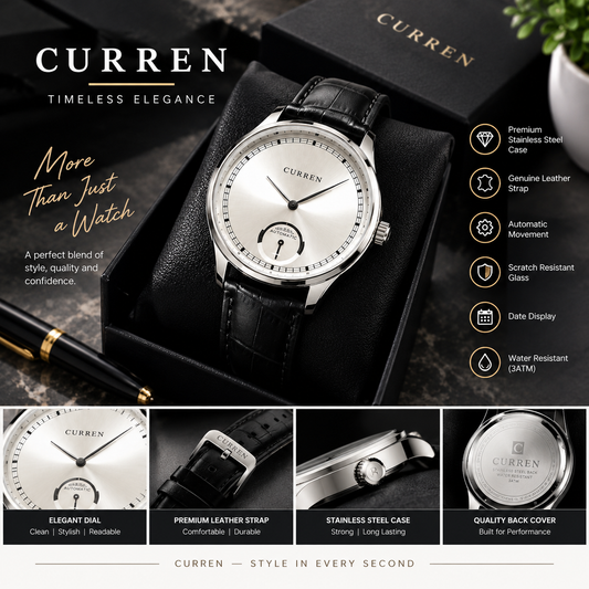 Curren Men's Watch, Silver Dial with Subdial, Black Leather Strap