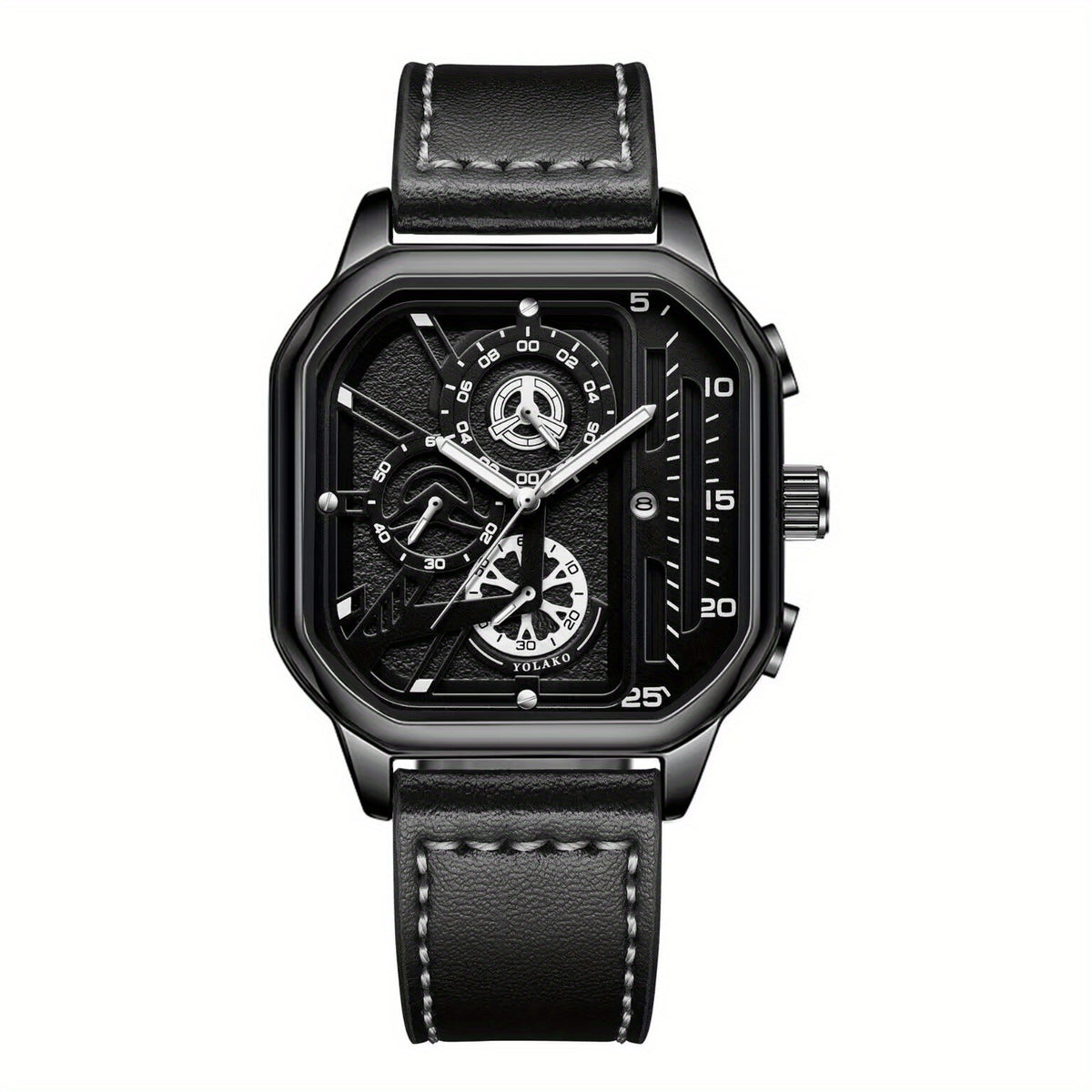 Aurum Men's Square Case Chronograph Style Watch, Black Leather Strap
