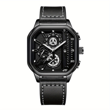Aurum Men's Square Case Chronograph Style Watch, Black Leather Strap