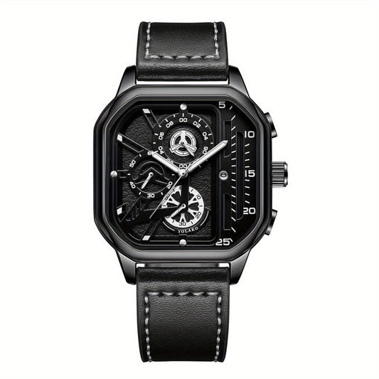 Aurum Men's Square Case Chronograph Style Watch, Black Leather Strap