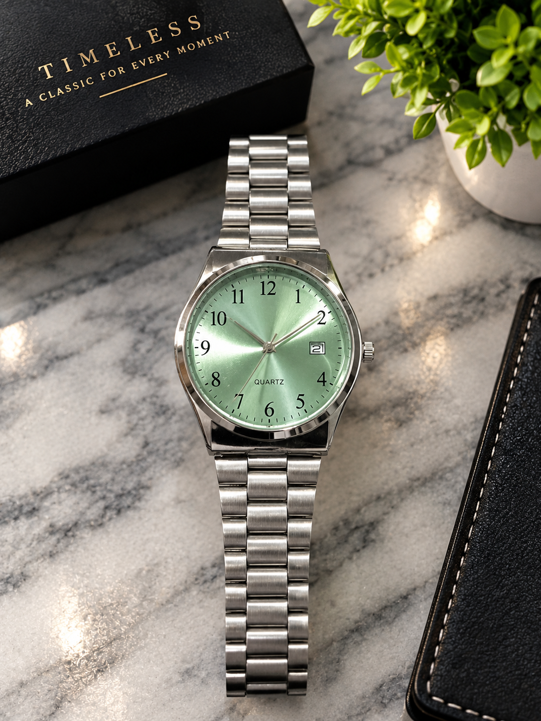 Aurum Mint Green Dial Quartz Watch, Stainless Steel Bracelet with Date