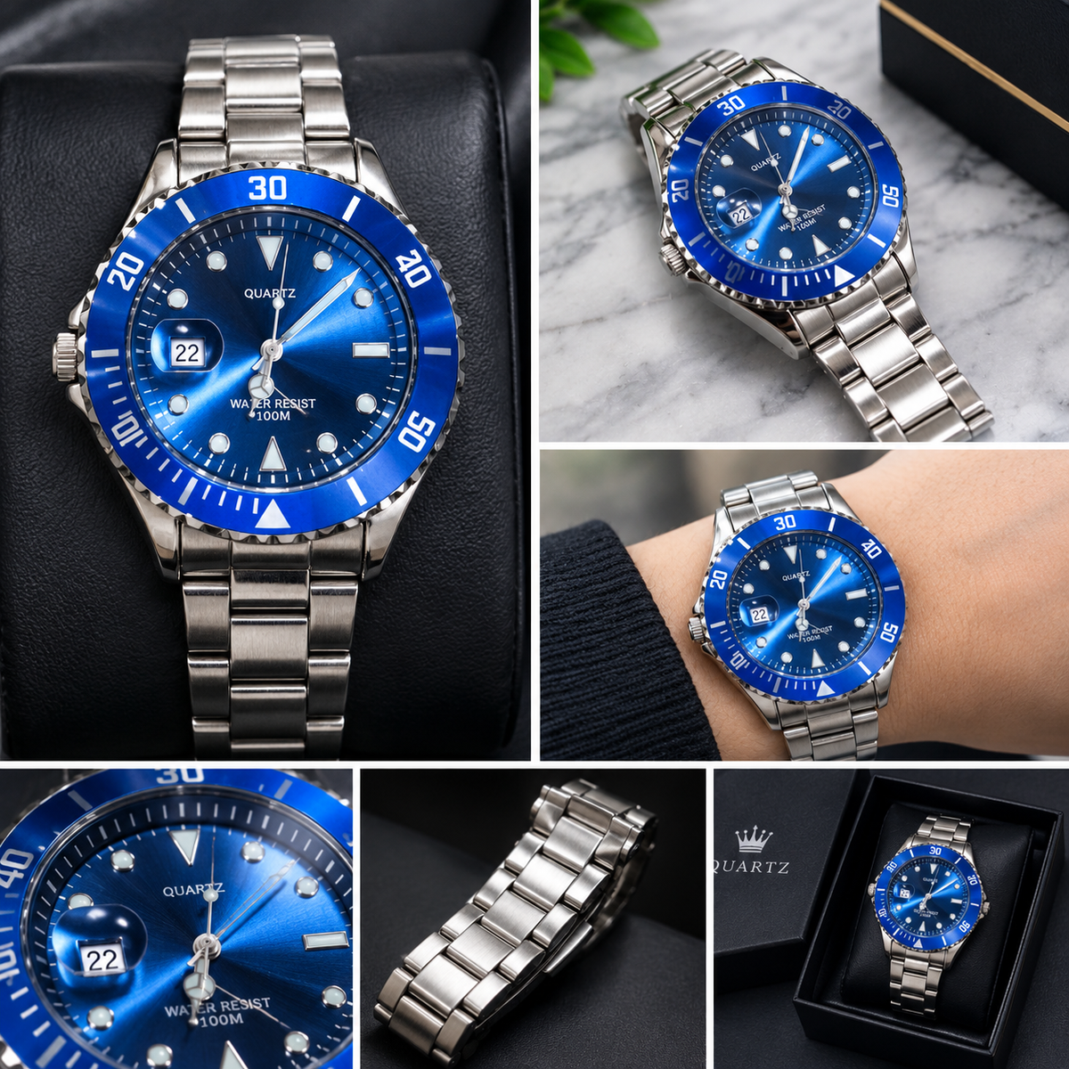 Zilver Men's Watch, Blue Dial and Bezel, Stainless Steel Bracelet
