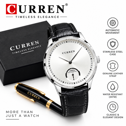 Curren Men's Watch, Silver Dial with Subdial, Black Leather Strap