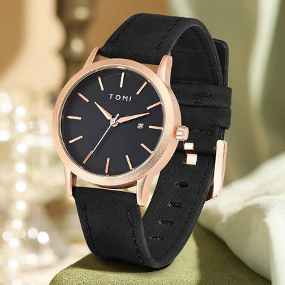 Tomi Men's Analog Leather Watch, Rose Gold Case Black Dial