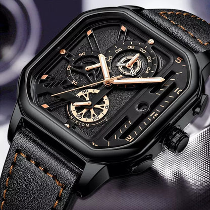 Aurum Men's Square Case Chronograph Style Watch, Black Leather Strap